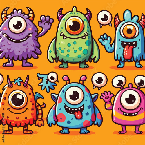 funny cute colorful monsters standing side by side, vector set illustration