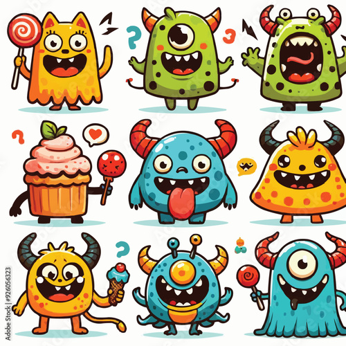 funny cute colorful monsters standing side by side, vector set illustration