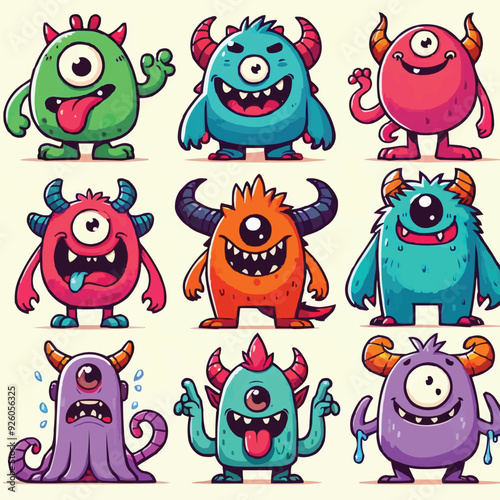 funny cute colorful monsters standing side by side, vector set illustration