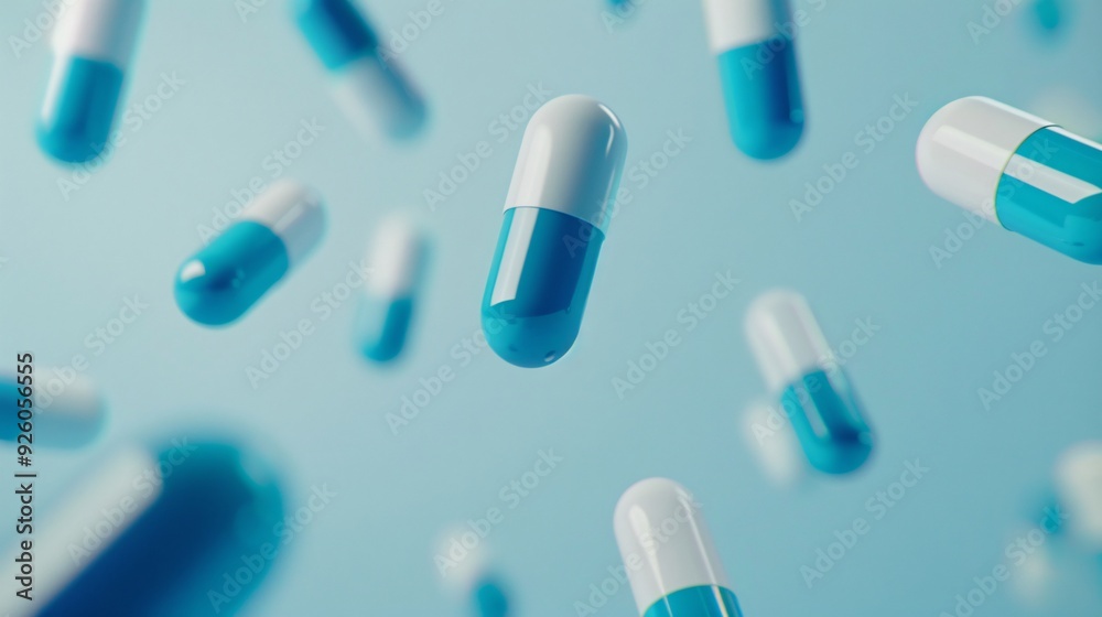 Multiple blue and white capsules floating against light blue background