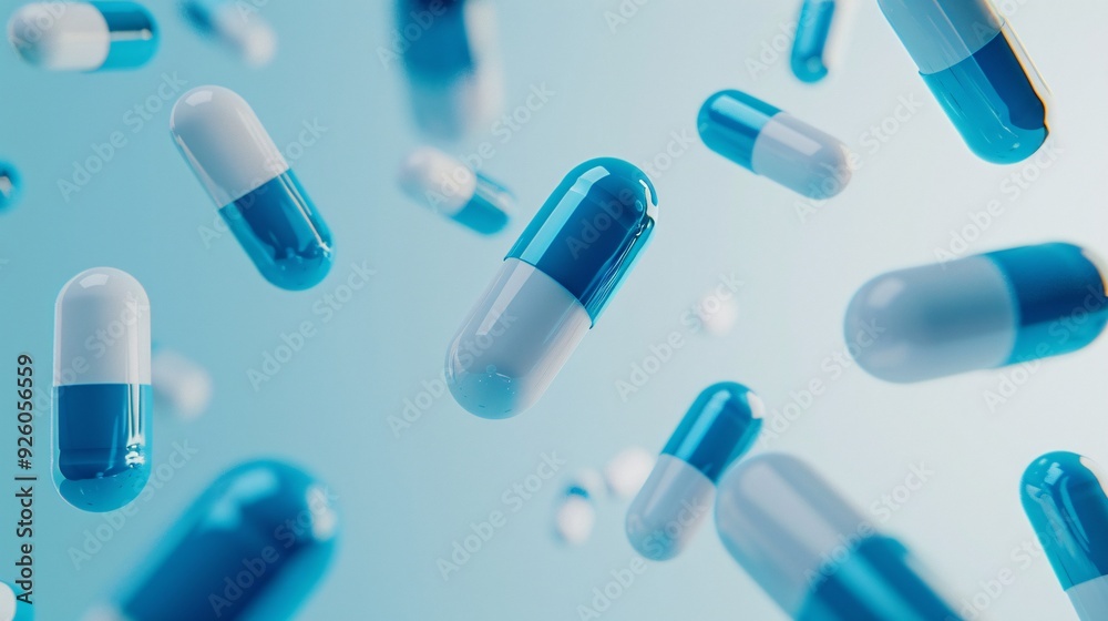 Multiple blue and white capsules floating against light blue background Multiple blue and white capsules floating against light blue background