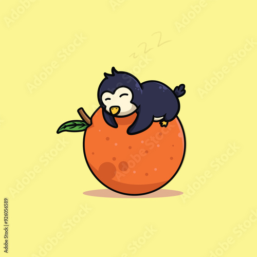 cute penguin sleeping on orange, yellow background