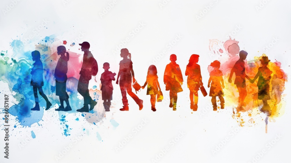 Generate a watercolor banner depicting silhouettes of people in different professions, capturing the celebration of family and mutual understanding across generations Generate a watercolor banner depicting silhouettes of people in different professions, capturing the celebration of family and mutual understanding across generations