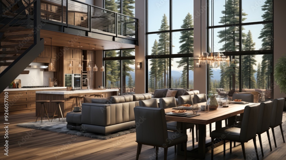 Beautiful living room interior in new luxury home with view of kitchen. Home interior with hardwood floors Beautiful living room interior in new luxury home with view of kitchen. Home interior with hardwood floors