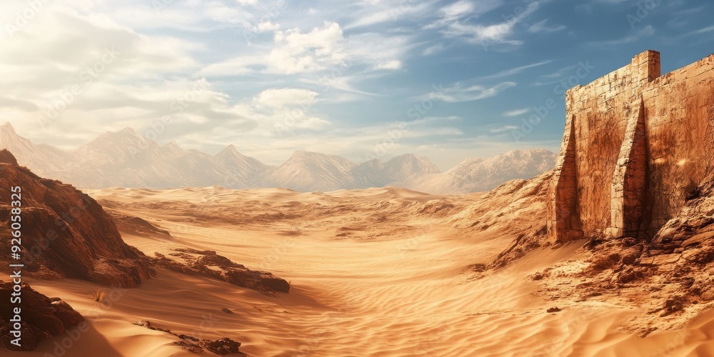 Fototapeta premium Desolate desert landscape with an empty banner against dramatic sand dunes