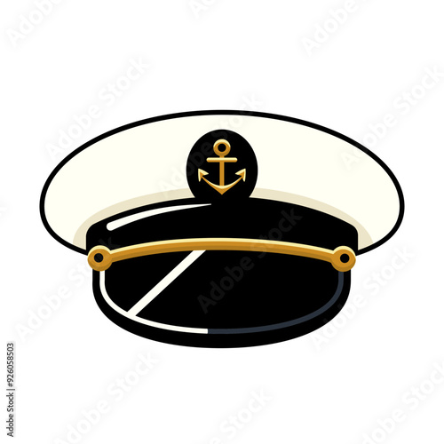 An image of a captains hat featuring an anchor emblem in the center, depicted in a cartoon style on a plain white background. Concept of marine authority. Vector illustration