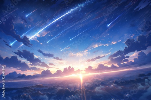 Enchanting Anime-Style Starry Sky Art: A Fantasy Anime Wallpaper Background with Dreamy Skies and Falling Stars, Perfect for Digital Art and 4K Gaming Concept Illustrations,anime style