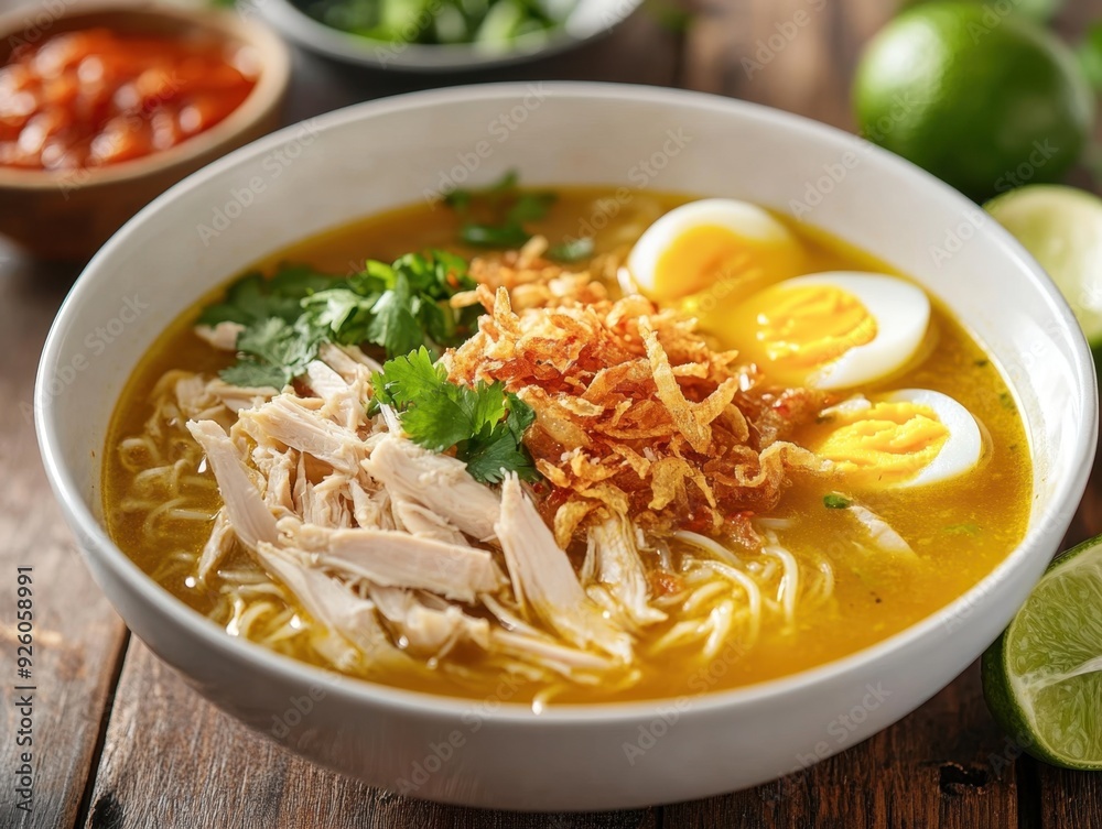 A bowl of flavorful noodles topped with chicken, eggs, crispy onions, and cilantro. A bowl of flavorful noodles topped with chicken, eggs, crispy onions, and cilantro.