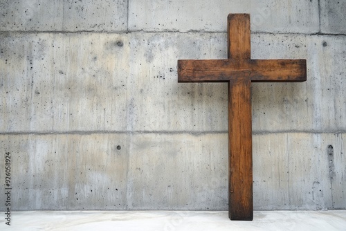 A wooden Christian cross near a concrete wall , ai