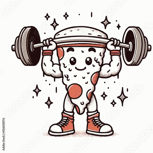 Illustration of a pizza food character mascot doing weightlifting exercises