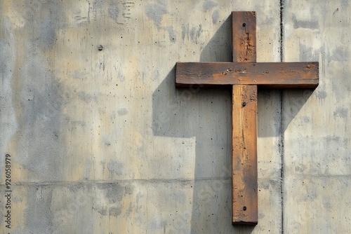 A wooden Christian cross near a concrete wall , ai