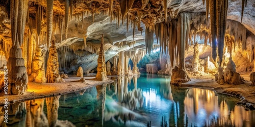 Majestic underground cave with stalactites and mineral formations, cave, underground, stalactites, minerals, formations