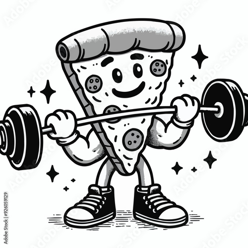 Illustration of a pizza food character mascot doing weightlifting exercises
