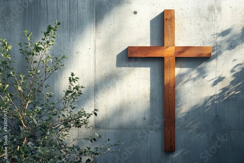 A wooden Christian cross near a concrete wall , ai