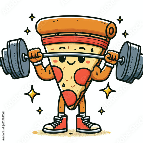 Illustration of a pizza food character mascot doing weightlifting exercises