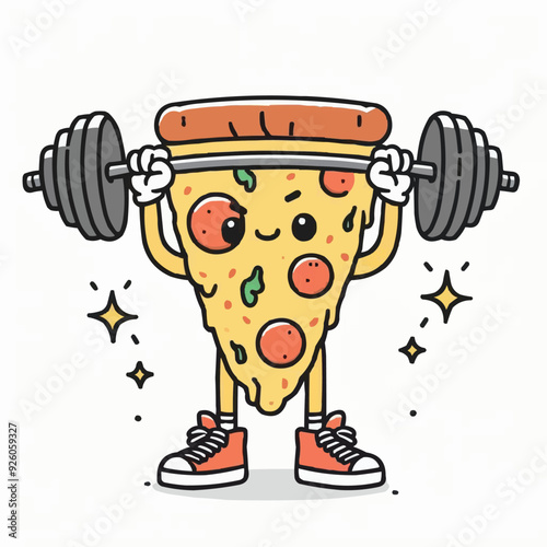 Illustration of a pizza food character mascot doing weightlifting exercises