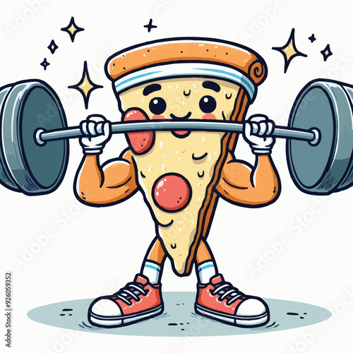 Illustration of a pizza food character mascot doing weightlifting exercises