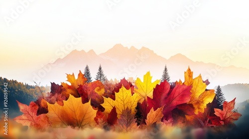 Close-up of layered autumn leaf piles, emphasizing the diverse colors, Double exposure silhouette with a mountain landscape photo