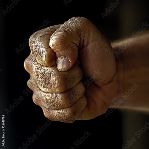 Closeup of a clenched fist, symbolizing enduring physical pain and ache, emotional and physical struggle. photo