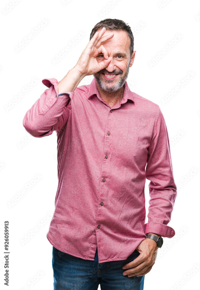 Middle age hoary senior man over isolated background doing ok gesture with hand smiling, eye looking through fingers with happy face. Middle age hoary senior man over isolated background doing ok gesture with hand smiling, eye looking through fingers with happy face.