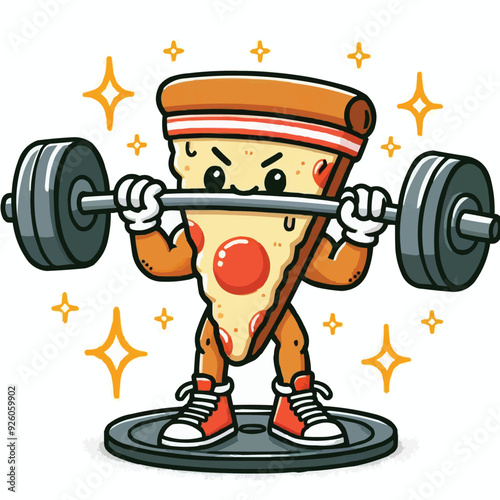 Illustration of a pizza food character mascot doing weightlifting exercises