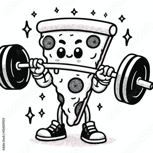 Illustration of a pizza food character mascot doing weightlifting exercises