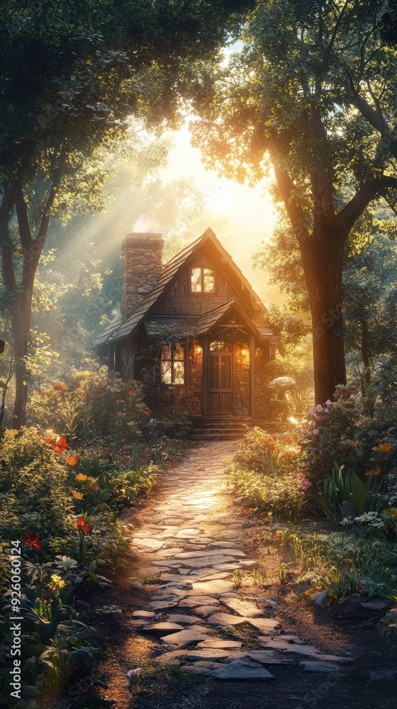 Fototapeta premium A small house in the woods surrounded by flowers and trees, AI