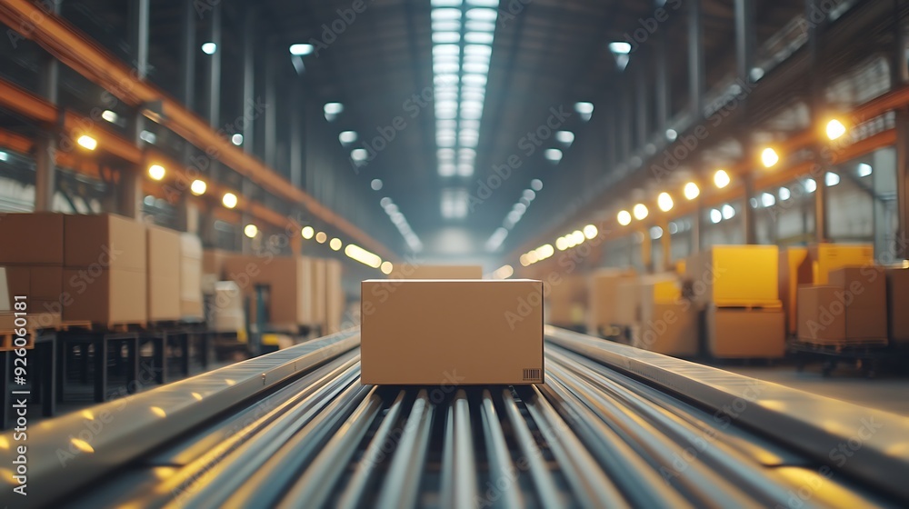 Fototapeta premium A recyclable cardboard box is captured approaching the end of a conveyor belt in a brightly lit and spacious warehouse