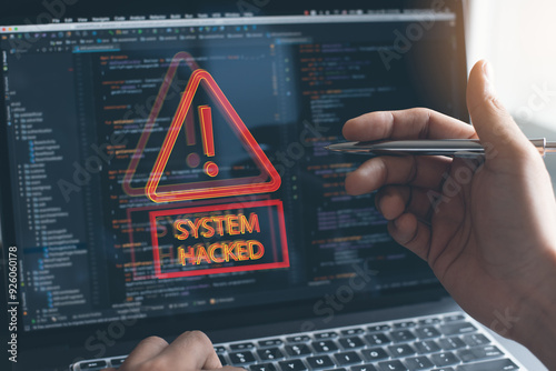 Cyber attack, System hacked warning alert on laptop. Cyber attack on computer network, Virus, Spyware, Malware or Malicious software. Cyber security and cybercrime. alarm caution warning notification