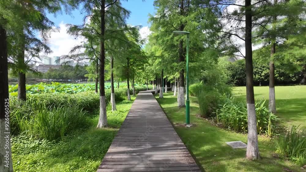 Walking on curved wooden walkway, footpath or boardwalk through the lush green landscape in a public urban park, by a lake with green lotus pads, the sound of the cicada. Sun Lake Park, Ningbo China. Walking on curved wooden walkway, footpath or boardwalk through the lush green landscape in a public urban park, by a lake with green lotus pads, the sound of the cicada. Sun Lake Park, Ningbo China.