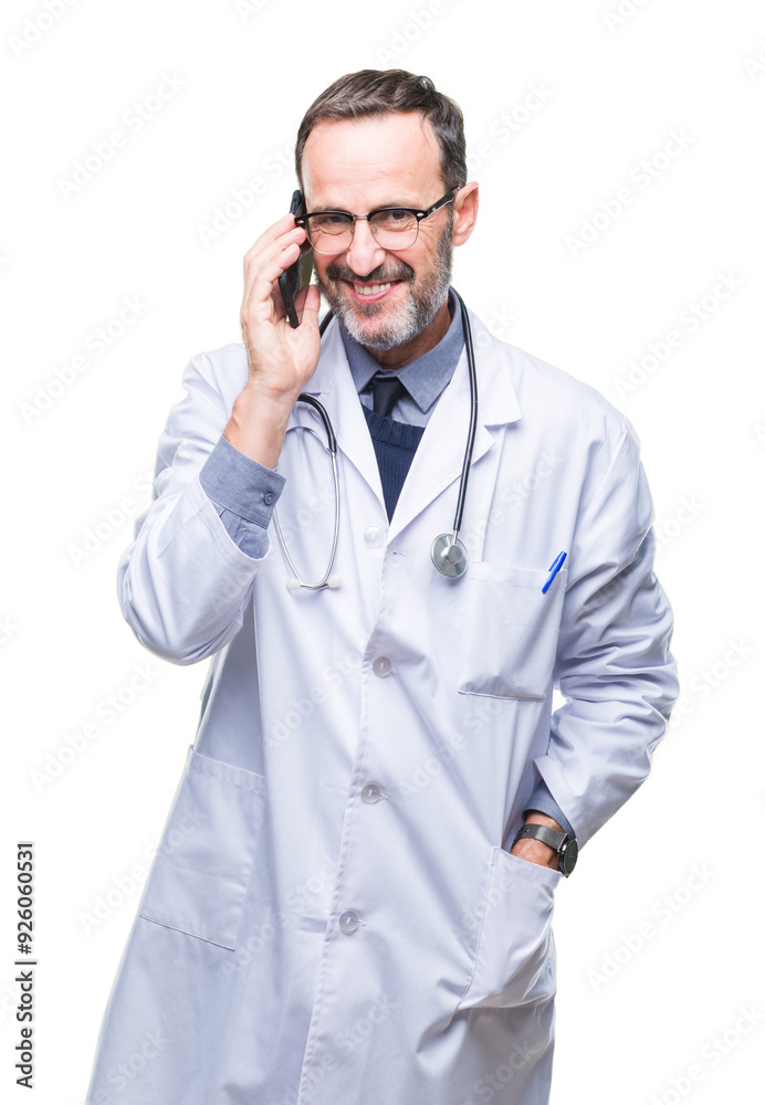 Middle age senior hoary doctor man talking on smartphone over isolated background with a happy face standing and smiling with a confident smile showing teeth Middle age senior hoary doctor man talking on smartphone over isolated background with a happy face standing and smiling with a confident smile showing teeth