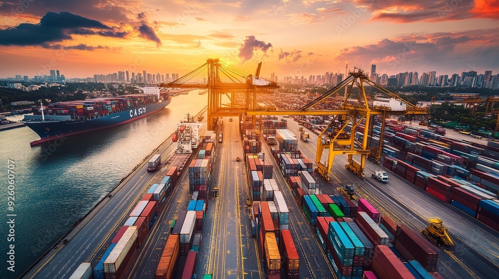 Global business logistics import export of containers cargo freight ship loading at port by crane, container transport, cargo plane, truck to port background. Generative ai Global business logistics import export of containers cargo freight ship loading at port by crane, container transport, cargo plane, truck to port background. Generative ai