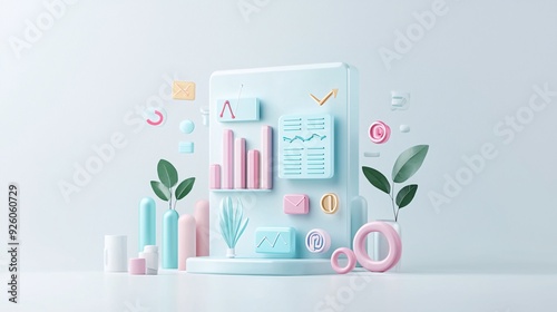 Product analysis, detailed charts with product icons, 3D illustration