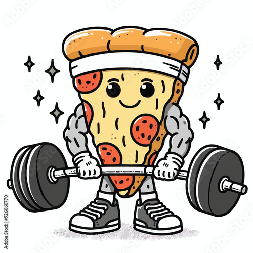 Illustration of a pizza food character mascot doing weightlifting exercises