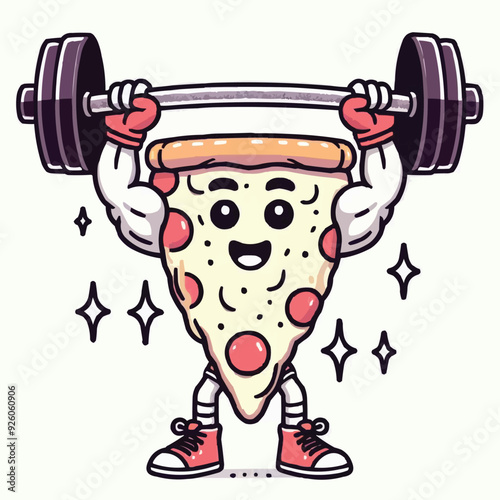 Illustration of a pizza food character mascot doing weightlifting exercises