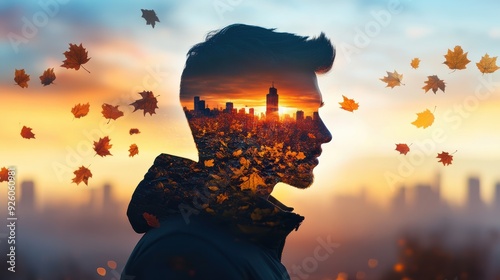 Falling leaves in a close-up view, highlighting the diverse textures and colors, Double exposure silhouette with a cityscape at dawn photo