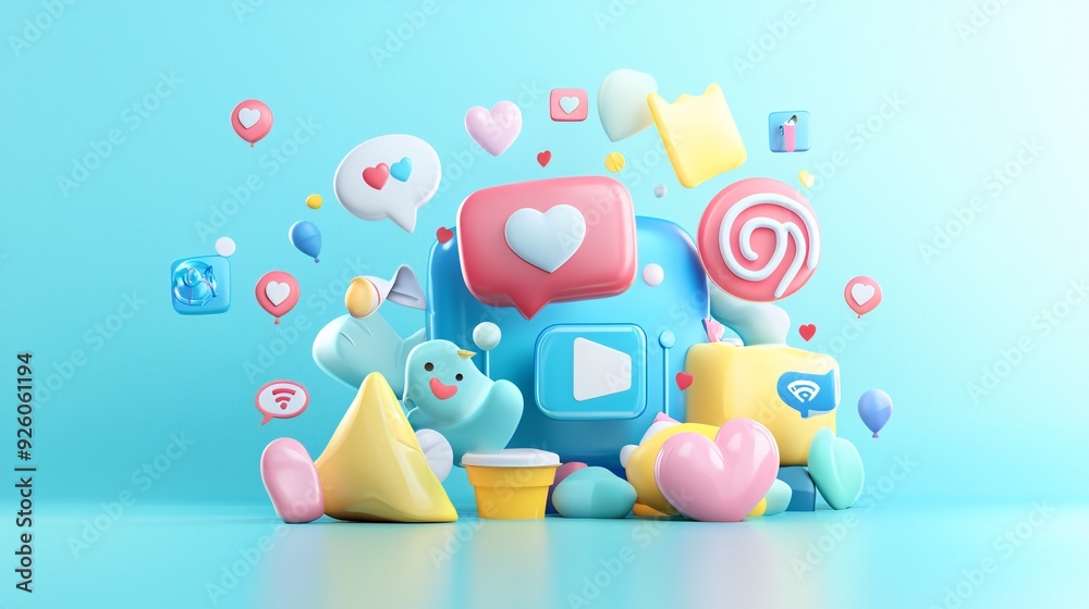 Social media data analysis, colorful metrics and social icons, 3D illustration Social media data analysis, colorful metrics and social icons, 3D illustration