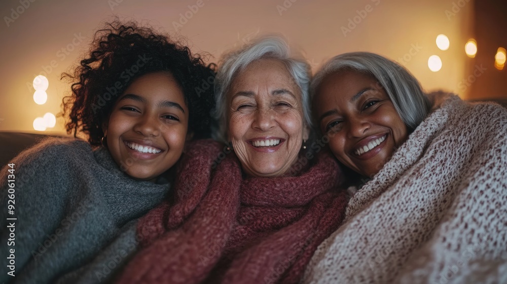 Three women are wrapped up in blankets and smiling, AI Three women are wrapped up in blankets and smiling, AI
