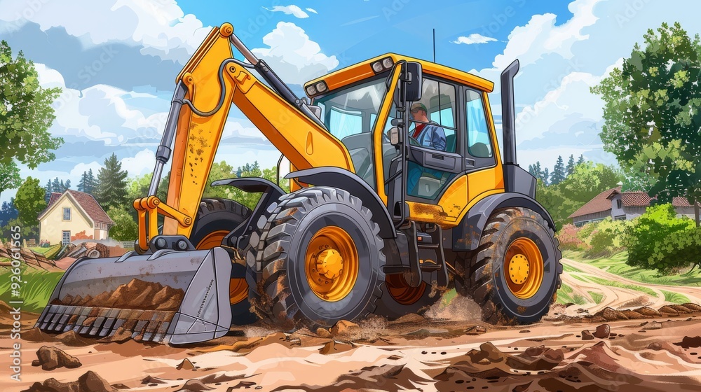 Cartoon vector backhoe loader in action on a road construction Cartoon vector backhoe loader in action on a road construction