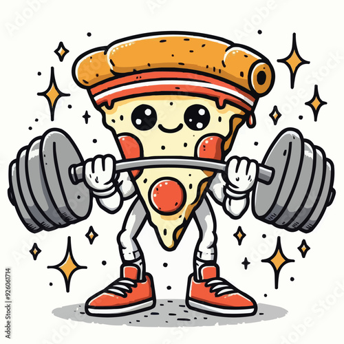 Illustration of a pizza food character mascot doing weightlifting exercises