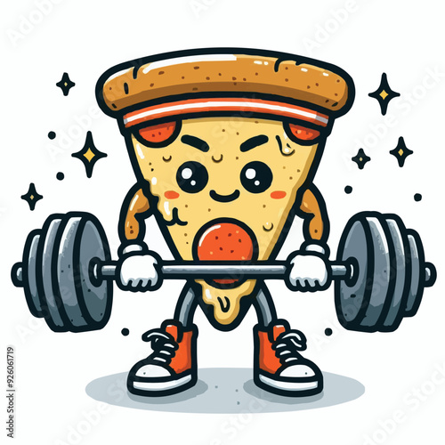 Illustration of a pizza food character mascot doing weightlifting exercises