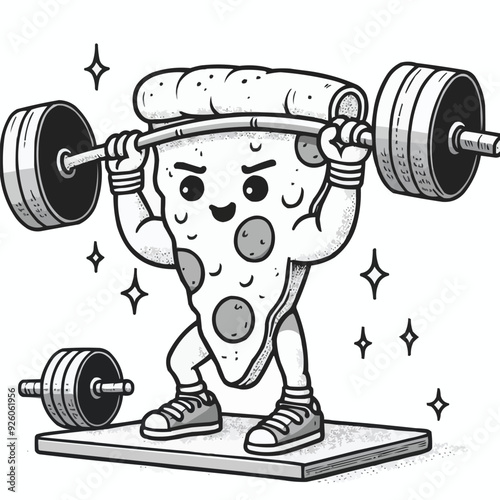 Illustration of a pizza food character mascot doing weightlifting exercises