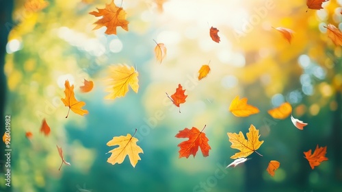 Macro shot of colorful leaves, emphasizing the swirling motion as they fall, Double exposure silhouette with a serene forest background