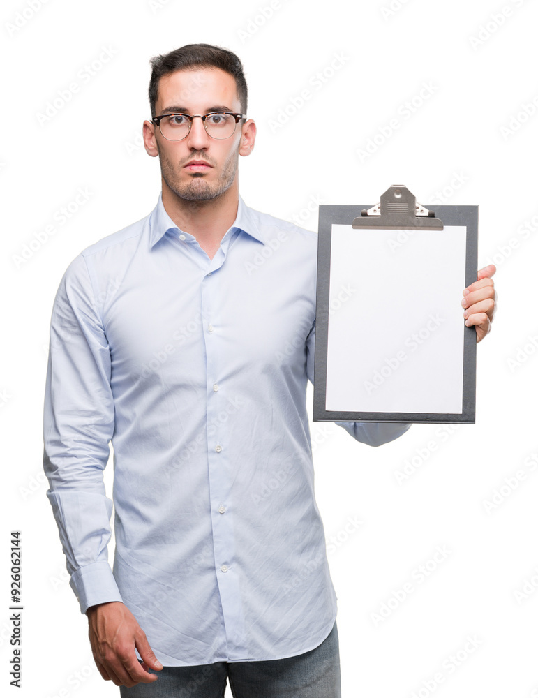 Handsome young business man showing a clipboard with a confident expression on smart face thinking serious Handsome young business man showing a clipboard with a confident expression on smart face thinking serious