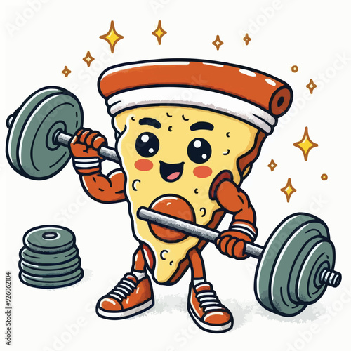 Illustration of a pizza food character mascot doing weightlifting exercises