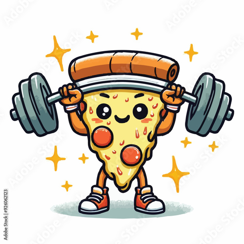 Illustration of a pizza food character mascot doing weightlifting exercises