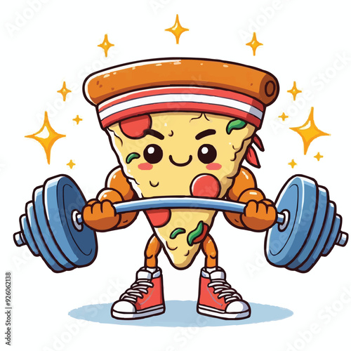 Illustration of a pizza food character mascot doing weightlifting exercises