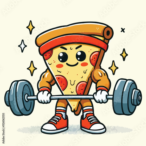 Illustration of a pizza food character mascot doing weightlifting exercises