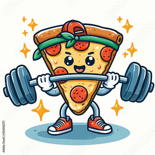 Illustration of a pizza food character mascot doing weightlifting exercises