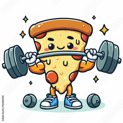 Illustration of a pizza food character mascot doing weightlifting exercises